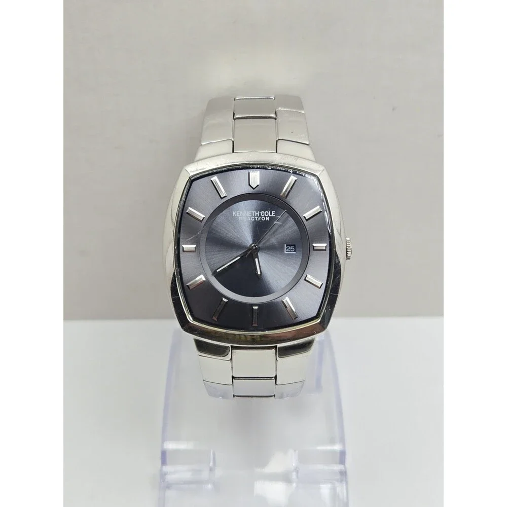 Kenneth Cole Reaction Mens Stainless Steel Blue Dial Date 35mm Watch New Battery